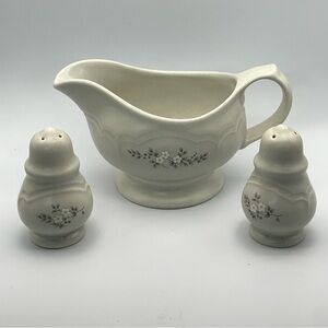 Vintage Pfaltzgraff Heirloom Gray Gravy Boat & S&P Farmhouse Set